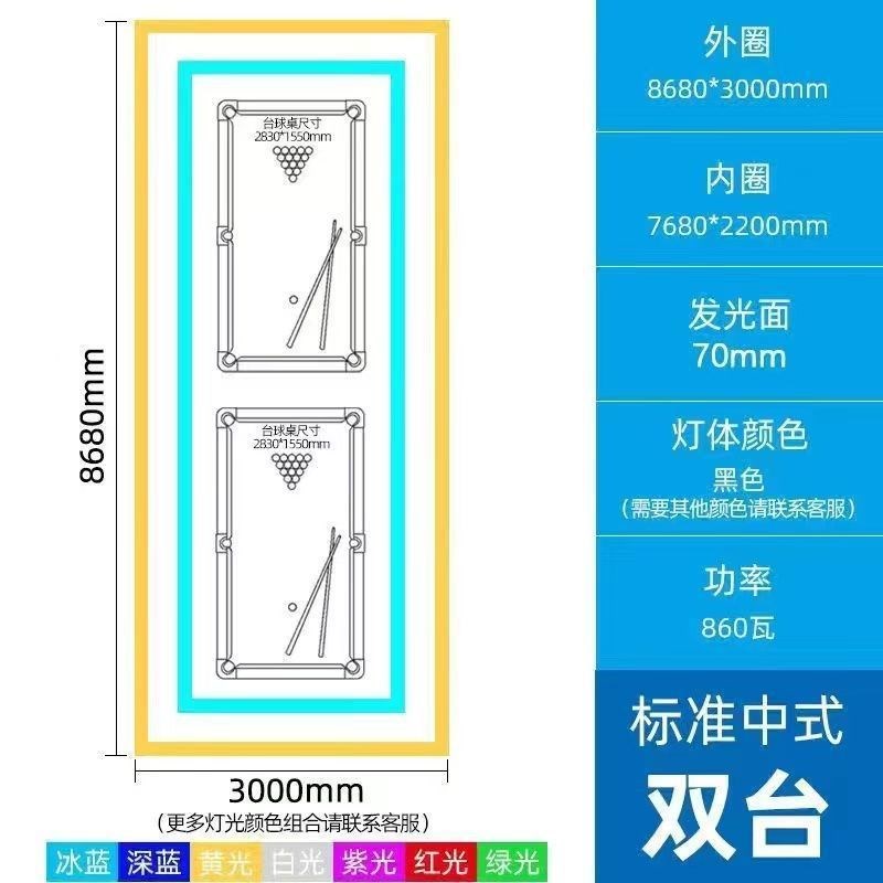 台球室氛围灯吊灯健身房台球厅回字形台球桌长方形彩光无缝拼接