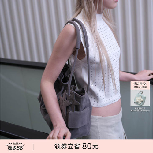 ECODAY束束包设计师款灰色大象包包抽绳水桶包单肩云朵手提包女
