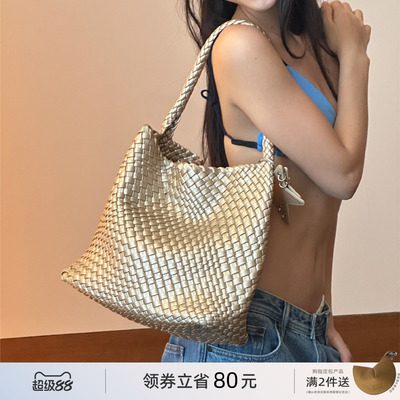 ECODAY中号秋季原创设计编织包通勤旅游托特包手提单肩包女香槟色