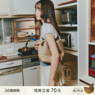 ECODAY春夏季编织托特包小号香槟色小包通勤手提单肩包女红色婚包