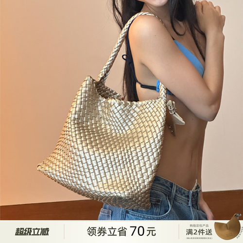 ECODAY中号秋季原创设计编织包通勤旅游托特包手提单肩包女香槟色