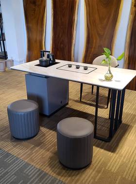 功深圳现代茶桌岩板夫茶QIL桌铁艺石大理茶台自动水泡茶办上公室