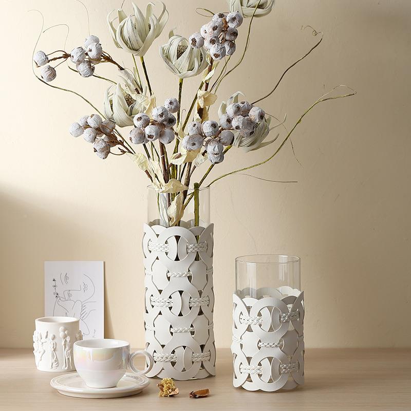 代高级感手工编织直筒软玻璃花瓶皮JBU插革花器现装简约花桌面摆