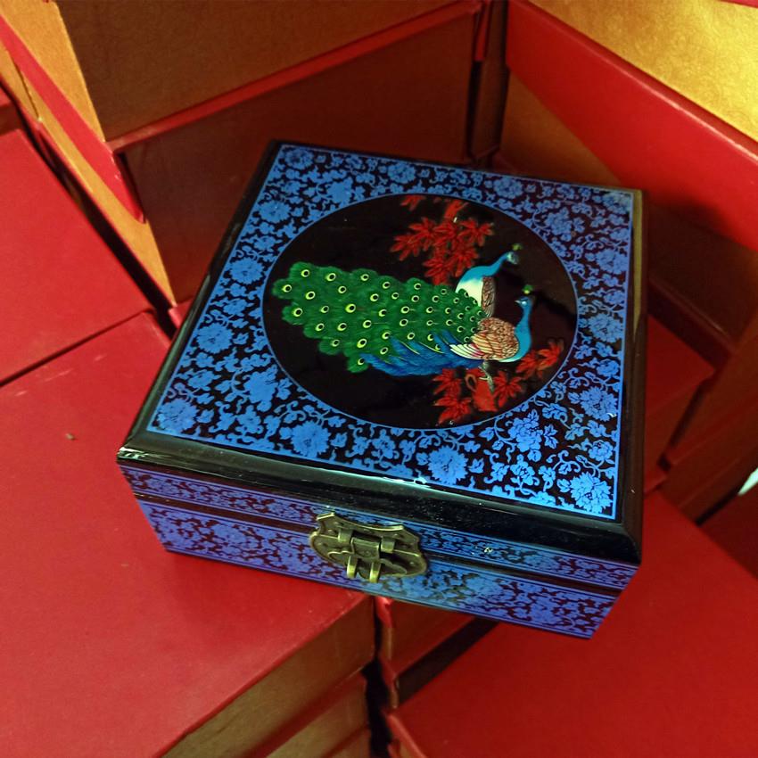 推光漆器手彩绘质首饰盒木手工堆股漆彩NMD工收艺方工形首饰纳饰