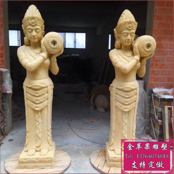 砂岩喷泉沙岩喷水雕塑园林景观喷水池户外东南亚风巴厘岛少女喷泉