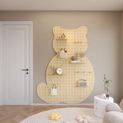 实木洞洞板入户玄关猫形状置物架穿衣镜定制免打孔墙面装饰展示架