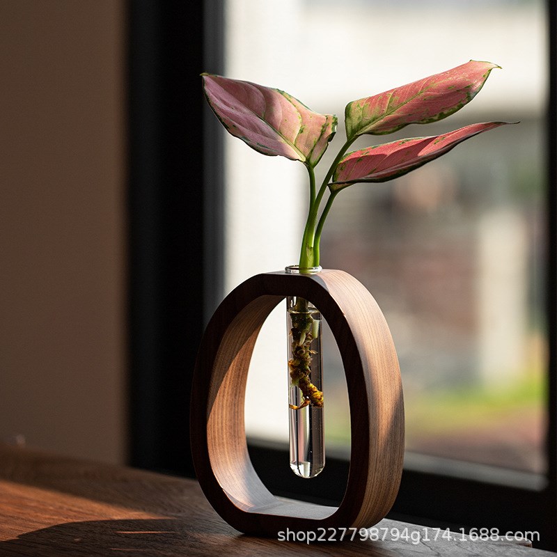 胡桃木实木花器创意插花摆件简约玻璃植物迷你水养X花瓶家居摆件