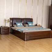 实木床1.8米双人床黑胡桃木真皮软靠中式 高箱储物主卧室家具大床