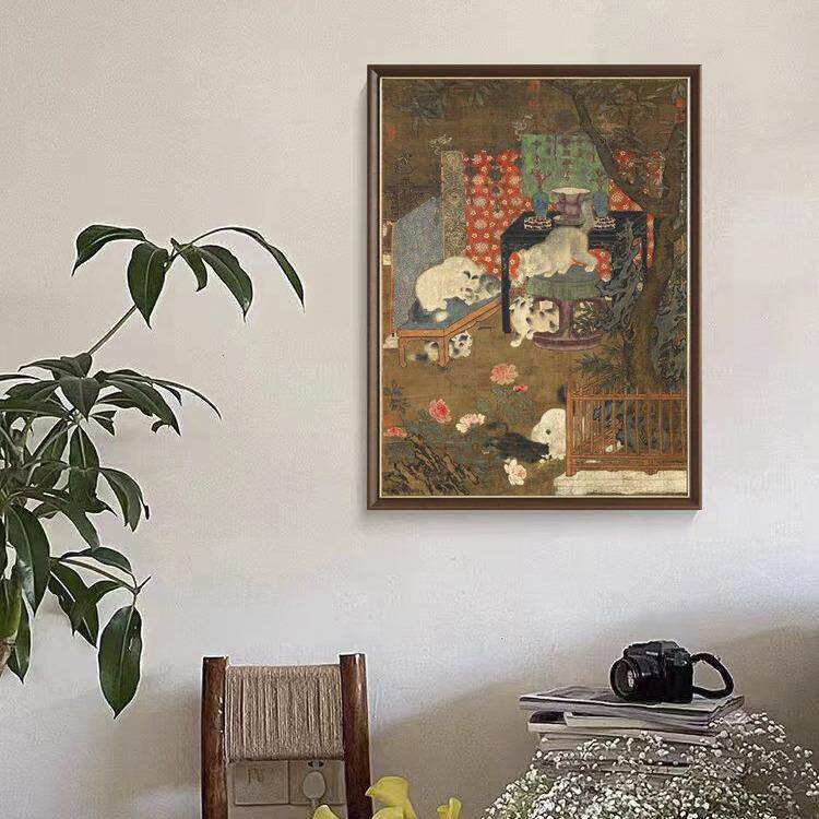 风《戏猫图》法式古列装饰画中国系风餐HY-429厅桌面中摆画复古挂