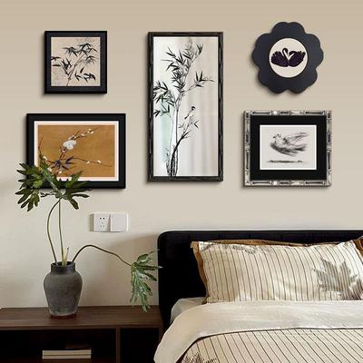 墨室竹合镜子装饰画法式中风客厅组挂画中古花国鸟书房B-498卧镜