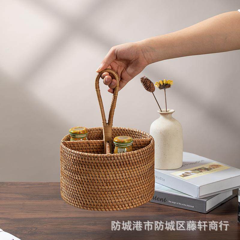 越南藤编018收纳圆形四格酒杯遥控器盒收纳秋藤编置物篮筐i方ns