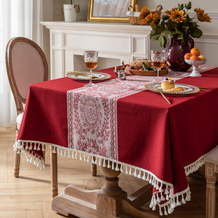 新中式红色布艺餐桌桌布长方w形家用结婚婚庆茶几餐桌布订婚装饰