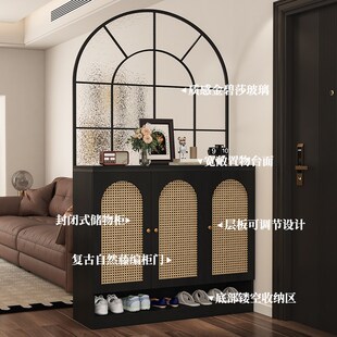 法式复古玄关柜鞋柜一体中古风玻璃入户正对门屏风藤编.定制隔断