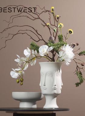 家居中式白色釉西面人脸瓷花瓶摆件家居客厅样板间软装X博陶饰品