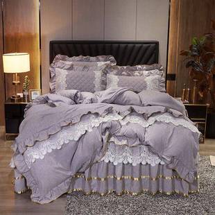 全棉床裙四件套纯色床罩裙式 床套纯棉公主风蕾丝被套双人加厚夹棉