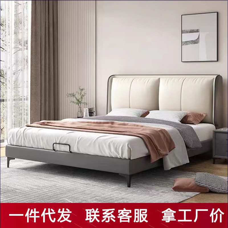 现代简约双人床皮床1.8米主卧大床意式轻奢齐边婚床皮艺床储物床