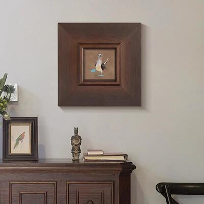 蓝脚鲣鸟法式小众中古风客厅装饰画复古餐厅卧室趣味动物实木挂画