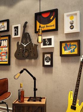 实木_7461包邮复古照片墙酒吧装饰画商店相框组合能换相片真钟表