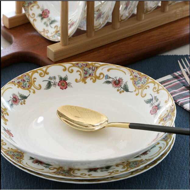 骨瓷盘子菜盘家用圆型8英寸饭盘深盘甜品欧式现货餐具6个套装组合
