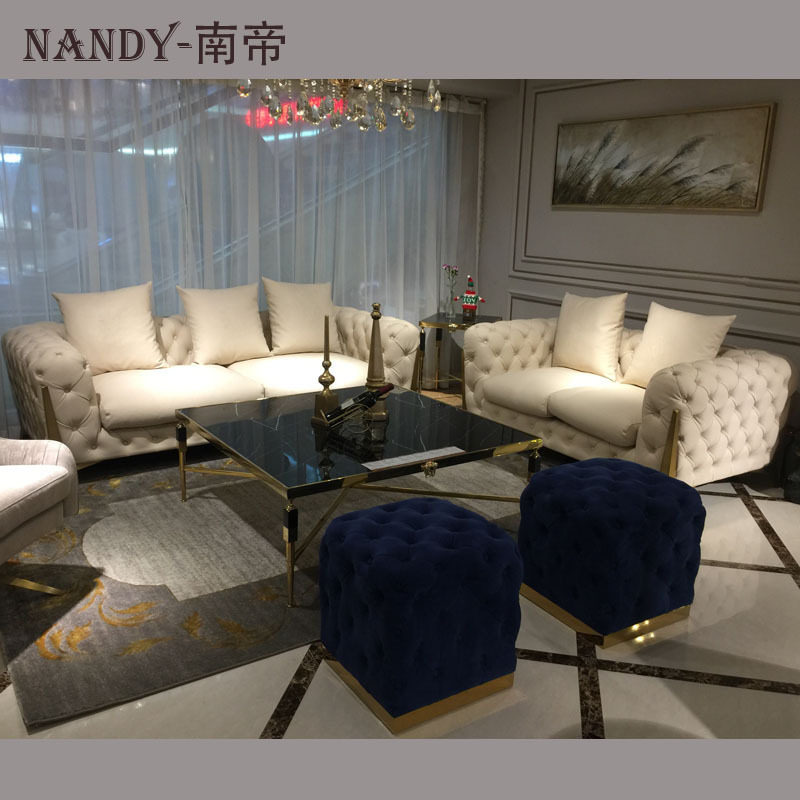 意大利设计客厅家具工厂轻奢后现代客厅三人位拉扣皮沙发厂价直供