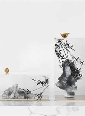 新中式创意假山石摆件客厅玄关现代简约书柜亚克力展示罩软装饰品