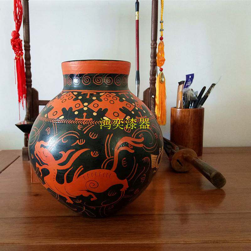 漆器彩绘天玺瓶仿古汉代 老漆传世包浆青铜镜 陶瓷罐收藏鉴赏摆件