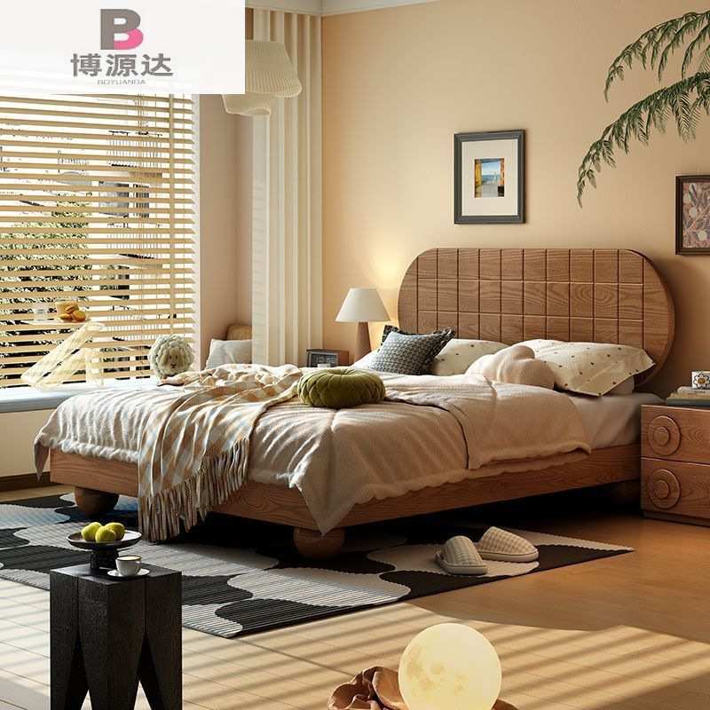 中古风实木床家用小户型双人床主卧简约民宿木床复古法式实木大床