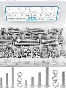 跨境热销246/252pcs英美制304不锈钢外六角螺栓螺母平弹垫圈套装