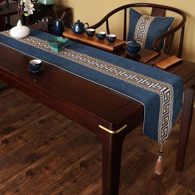 高端桌旗禅意新中式轻奢茶旗茶桌垫布刺绣茶几茶台布艺长条茶席巾