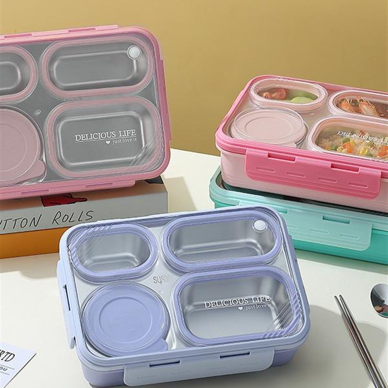 304不锈钢学生上班族饭盒带汤碗儿童方形4格带饭餐X盒大容量新款