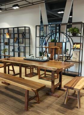 深现代茶岩板功夫桌茶桌铁艺理圳KKZ石茶台自动上水泡大茶办公室