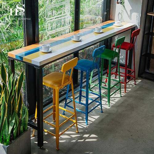 简约色墙金属靠吧台桌家用高脚酒吧长条桌厅咖啡RKD奶茶店桌彩椅