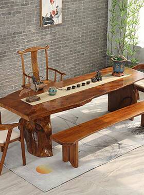 中式整板实木泡茶桌凳组合办公客室仿会茶台功KIJ夫新禅意茶古桌