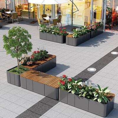 户外不锈钢花休箱坐凳组合售楼部息1231座道椅街场防腐木长凳网广