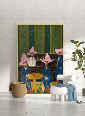 简现代客厅玄关装饰画EM-2437复古卧人物酒店宿室床头壁约画竖版