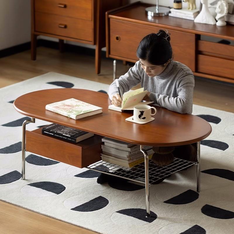 北欧木几LBW家茶用不锈实钢椭圆形带抽屉桌子客小厅复古多功能茶