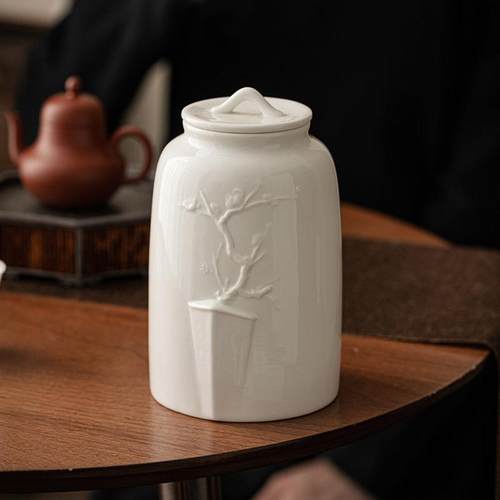 德化白瓷梅茶23JS07-7叶罐密封罐家用防潮储叶茶精罐大号品陶瓷花
