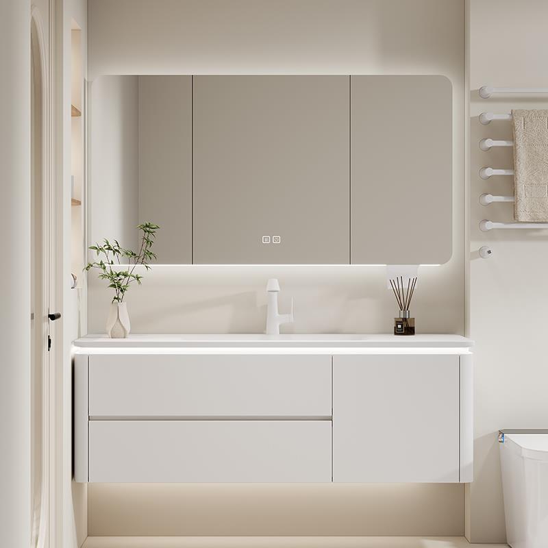 橡木烤漆浴室柜组合岩板热弯一体盆奶油风化妆室陶瓷一体盆洗漱台