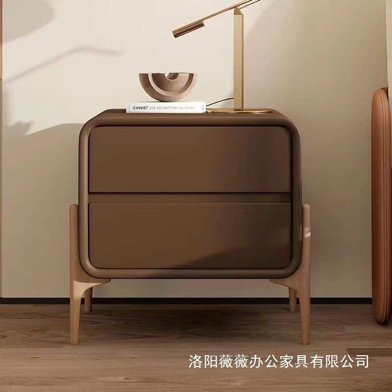 全实木简约现代床头柜奶油风卧室创意小型床边柜皮革轻奢收纳柜