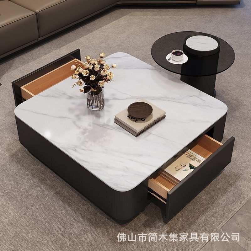 高级轻奢意式方形岩板茶几小户型现代简约客厅家用黑色极简组合