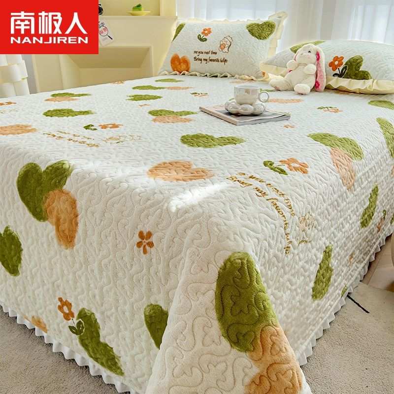 南极冬季牛奶三件套床单夹棉珊瑚保暖加厚单件防滑床盖炕盖榻榻米