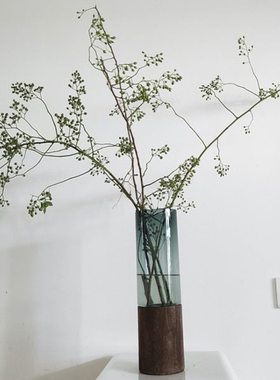 OOOOH简约北欧风原木实木底座直筒玻璃花瓶马醉木吊钟插花器