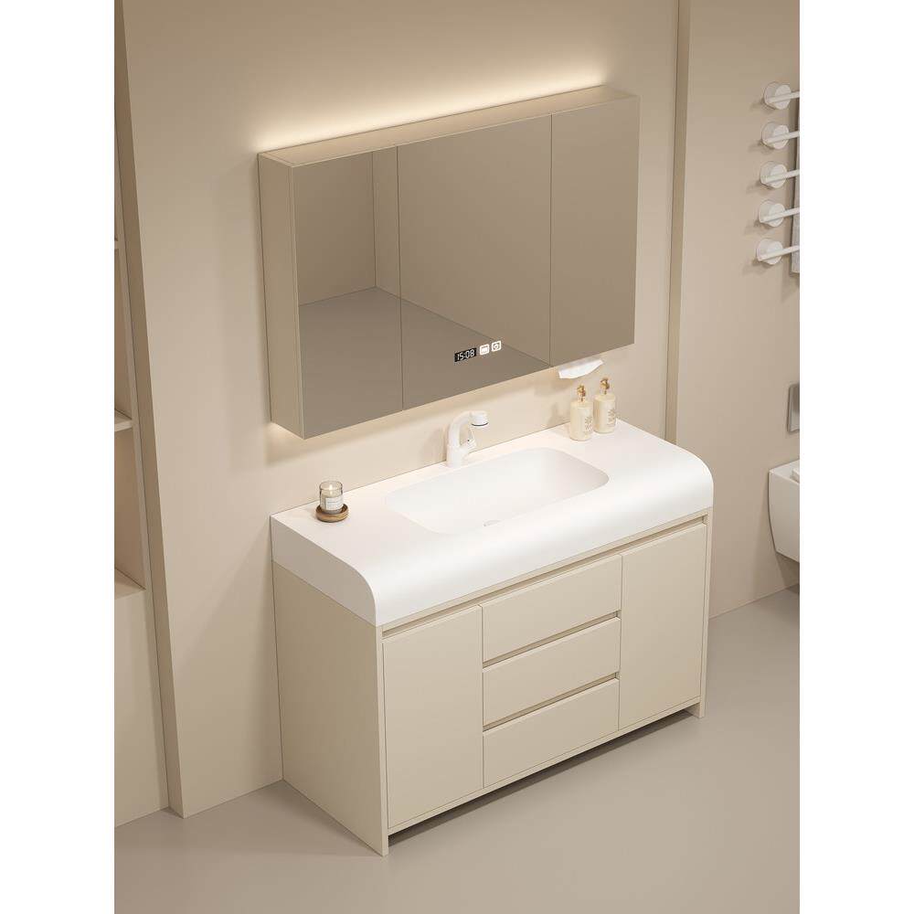 现代简约轻奢奶油风可丽耐一体盆浴室柜洗手脸盆落地柜组合洗漱台