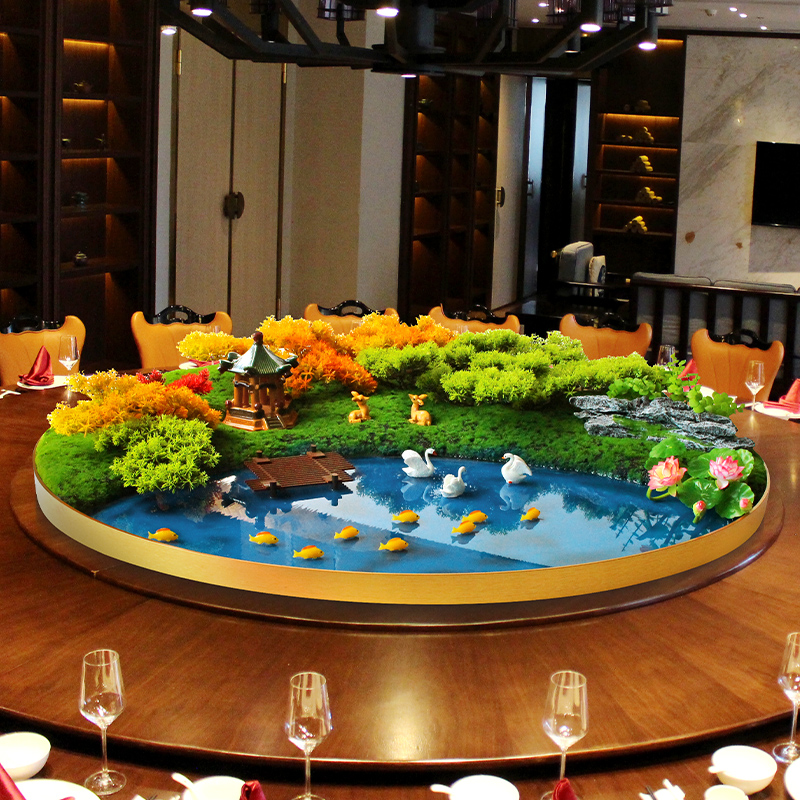 酒店餐桌大圆桌中间摆花转盘新中式真花摆件T景观会所装饰品