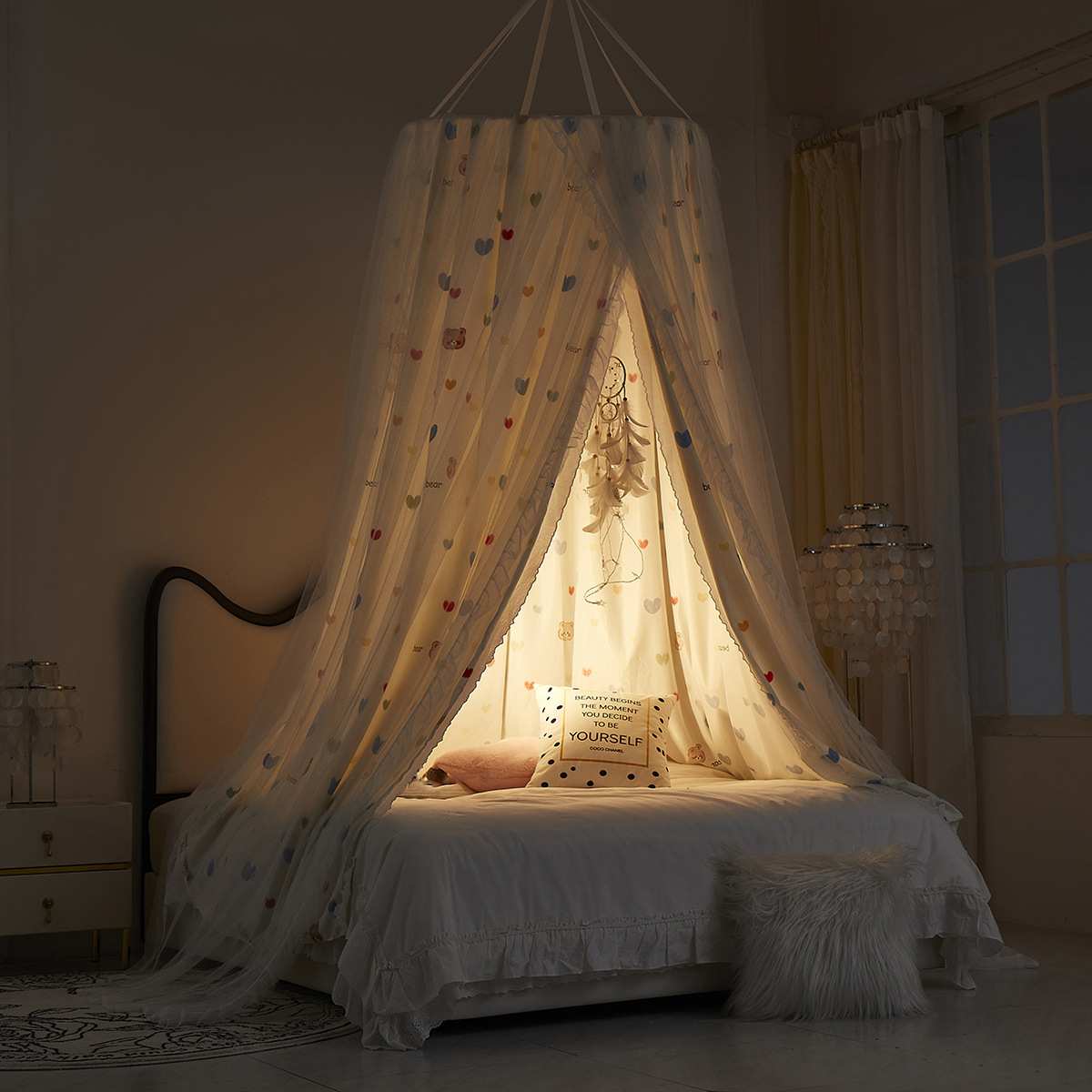 床帘双层床幔公主吊挂圆顶蚊帐家用遮光帘免打孔安装mosquito net