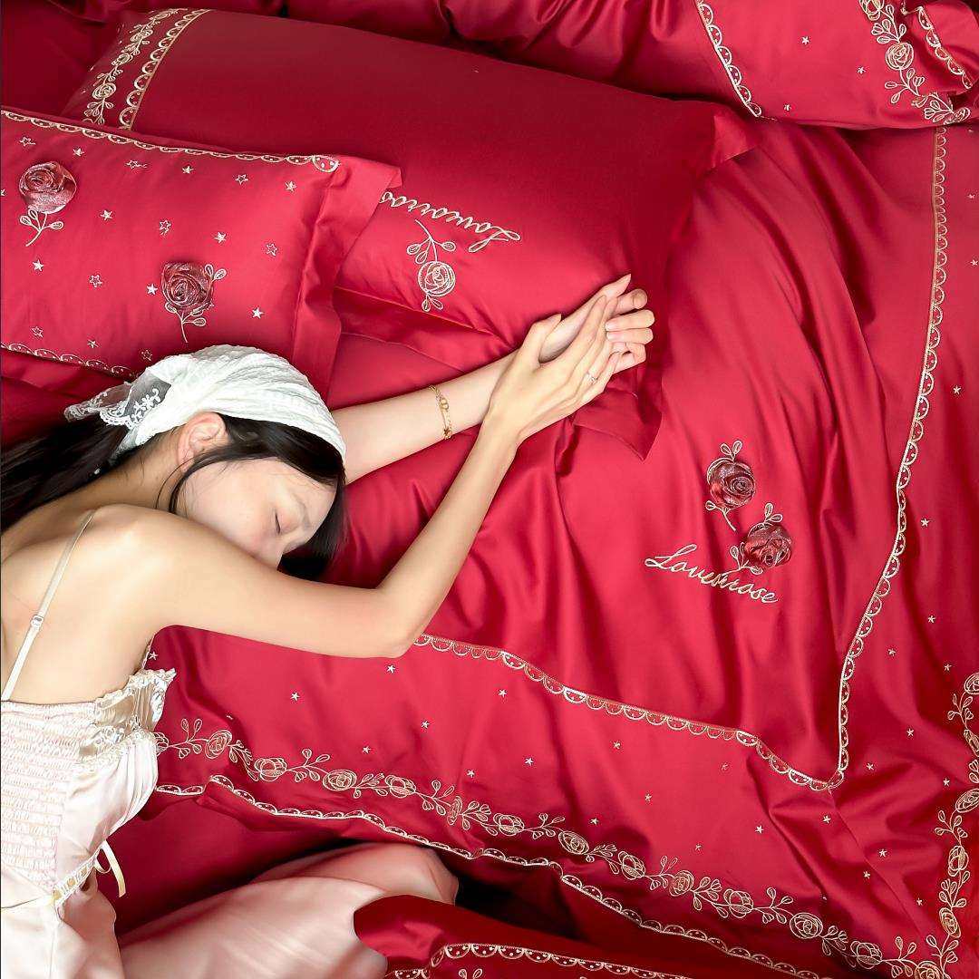 浪漫立体玫瑰婚庆100S长绒棉全棉四件套红色刺绣纯棉被套结婚床品