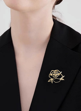 铜合金饰品镂空玫瑰花胸针高档小众设计感别针精致山茶花胸花女