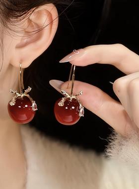 韩版甜美酒渍樱桃蝴蝶结耳环女轻奢车厘子红气质耳钩