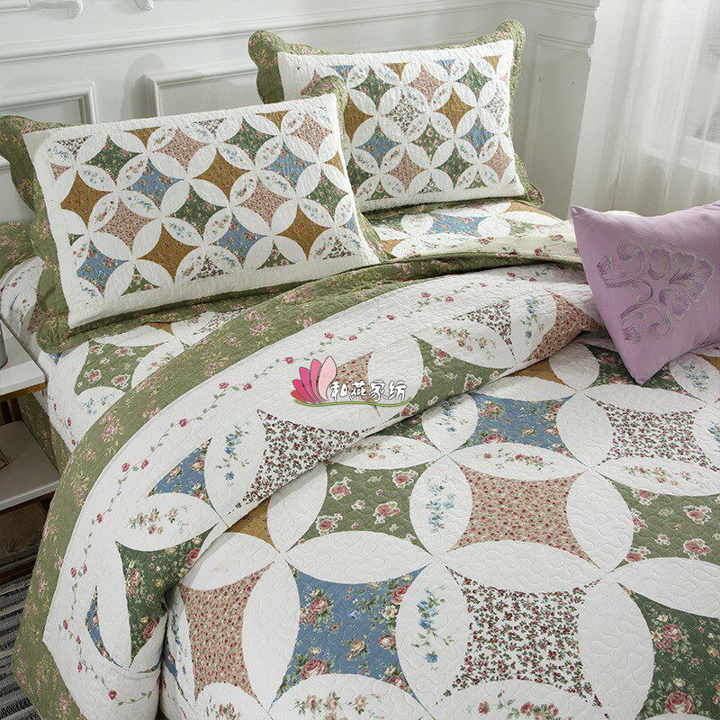 韩式拼边印花水洗四件套 全棉夏季绗缝床盖四件套