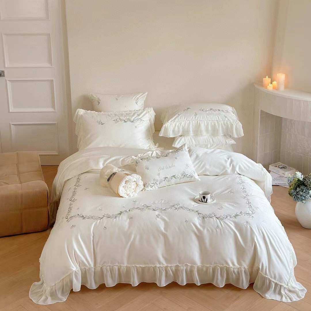 100S澳棉小清新春夏刺绣高档春夏床上用品纯棉全棉四件套被套床单